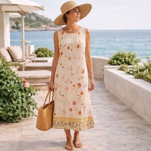 Erika Cream Floral Sleeveless Midi Dress with Gold Hem